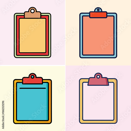 Colorful cartoon clipboards with paper vector set-Vector illustration of four colorful cartoon clipboards with paper sheets, perfect for office work, school, healthcare, organization, and productivity