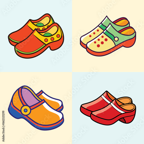 Colorful cartoon clogs footwear vector illustration-Vector illustration of four pairs of colorful cartoon clogs shoes, perfect for casual wear, fashion design, comfort themes, and lifestyle projects.
