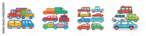 Cartoon cars and trucks vector set-Colorful cartoon style illustration featuring multiple vehicles including cars, vans, trucks, and buses, designed in a playful graphic style.