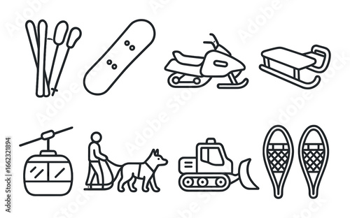 Winter sports and activities icons: skiing, snowboarding, snowmobiling, and more
