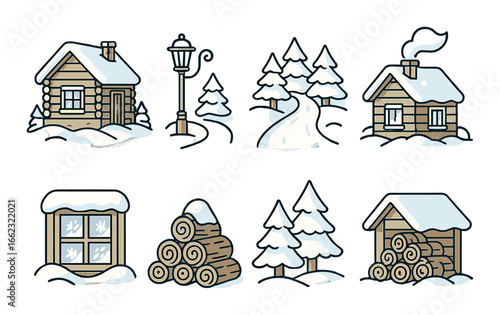 Charming winter cabins and snowy landscapes with pine trees and firewood