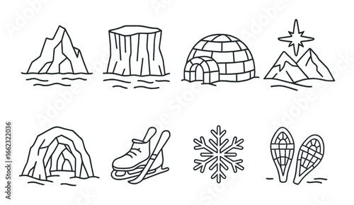 Iceberg, tree stump, igloo, mountains, cave, skiing, snowflake, snowshoes illustrations