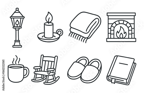 Cozy icons set featuring candle, blanket, fireplace, hot drink, rocking chair, slippers, and book