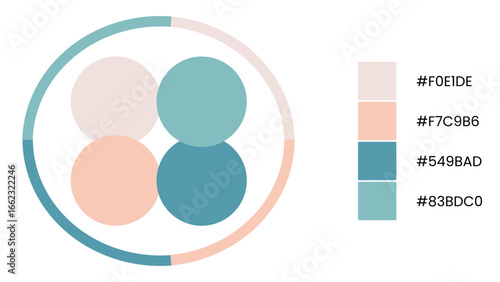 Pastel color palette in circular composition featuring rose quartz, scallop seashell, blue grotto, and tiffany blue, perfect for design inspiration, branding, and digital projects.