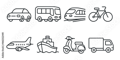 Minimalistic transportation icons: car, bus, train, bicycle, airplane, ship, scooter, truck