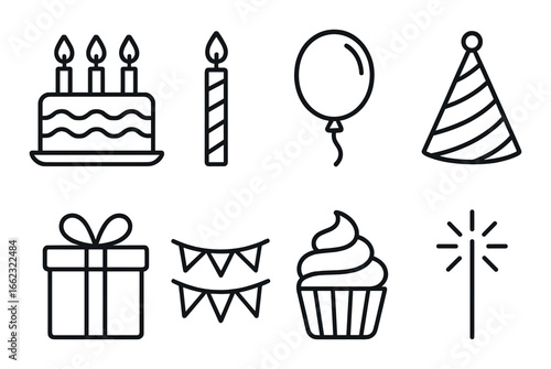 Simple birthday icons: cake, candle, balloon, hat, gift, banners, cupcake, sparkler