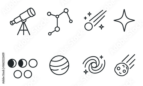 Astronomy icons featuring telescope, constellation, comet, star, lunar phases, planet, galaxy, asteroid