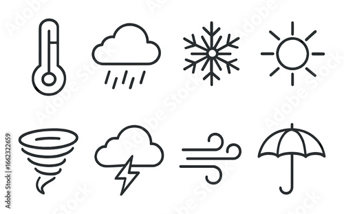 Weather icons: temperature, rain, snow, sun, tornado, lightning, wind, umbrella symbols