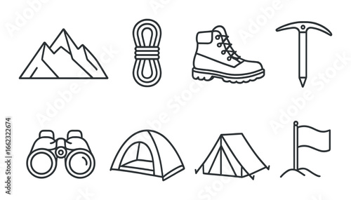 Outdoor adventure icons: mountains, tent, hiking gear, and tools
