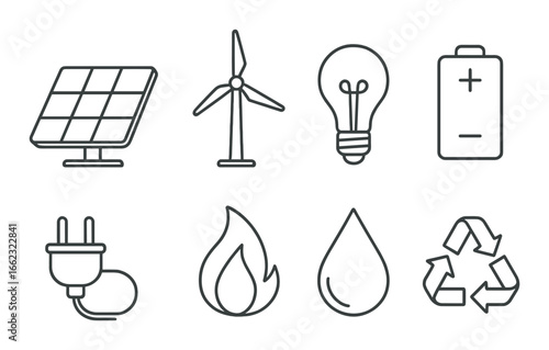 Set of renewable energy icons featuring solar, wind, and recycling symbols