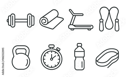 Fitness equipment icons: dumbbell, yoga mat, treadmill, jump rope, kettlebell, stopwatch, water bottle, wristband