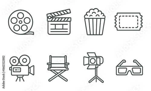 Cinema icons: film reel, clapperboard, popcorn, ticket, camera, directors chair, studio light, glasses