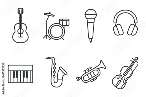 Musical instrument icons: guitar, drums, microphone, headphones, piano, saxophone, trumpet, violin