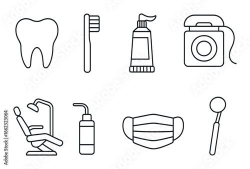 Dental tools set: tooth, toothbrush, toothpaste, dental chair, mask, camera, mirror