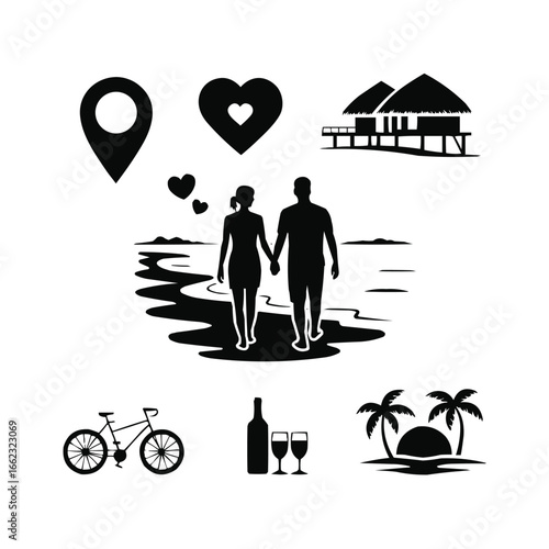 Romantic Couple Silhouette Beach Vacation Icon Set  Black and White Minimalist Design