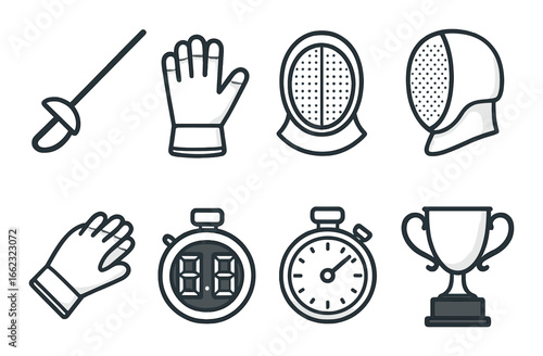 Fencing gear icons with epee, mask, gloves, stopwatch, and trophy on dark background