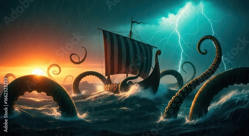A Viking longship battles monstrous krakens in a stormy, dramatic sea at sunset.