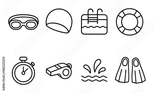 Swimming gear and pool elements icons set on dark background