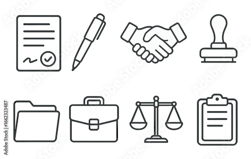 Black and white legal icons including pen, handshake, scales, and stamps on gray background