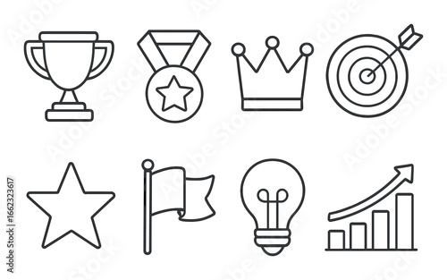 Set of 8 achievement icons: trophy, medal, crown, target, star, flag, bulb, graph