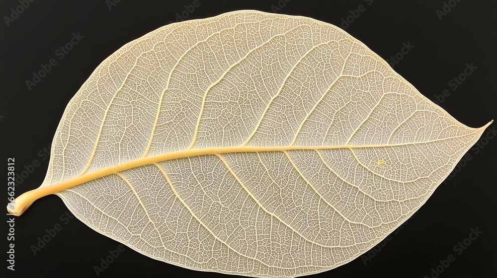 Obraz premium Detailed Skeleton Leaf Macro Photography, Beige Leaf Vein Texture on Black Background