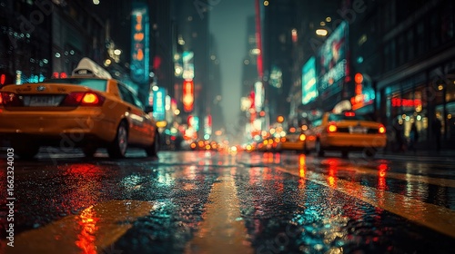 Yellow cabs driving on a wet street in Times Square, New York City, at night, with blurred lights in the background