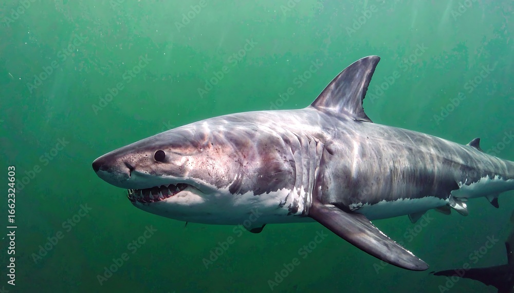 Fototapeta premium Great White Shark in Ocean Depths A Majestic Predator of the Deep Blue Sea