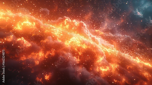 Fiery nebulae blaze across a vast expanse of space, showcasing swirling clouds of intense orange and red flames with scattered starlight.