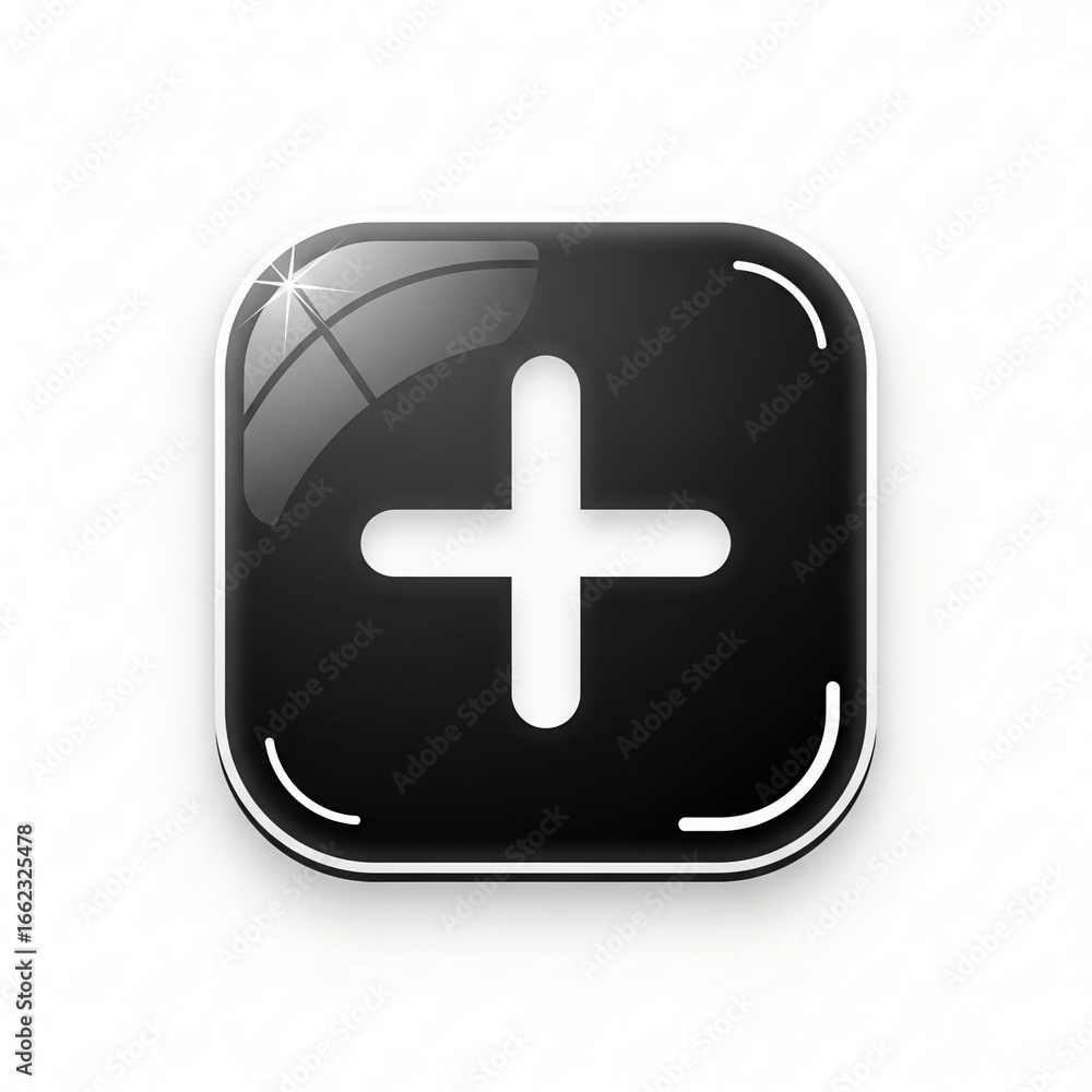 Obraz premium Glossy Black Plus Sign Icon Adding to Digital Creations with a Modern and Sleek Design