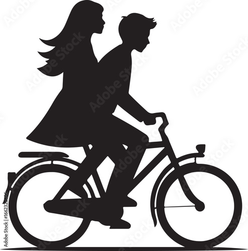 Black silhouette of a couple riding a bicycle together black and white