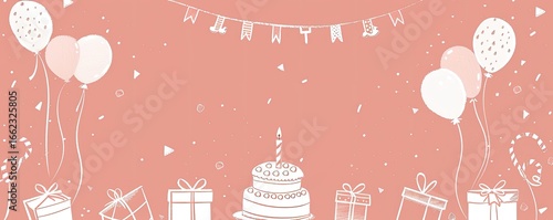 Birthday celebration with balloons, cake, and presents.  Simple, cheerful design in light pastel colors