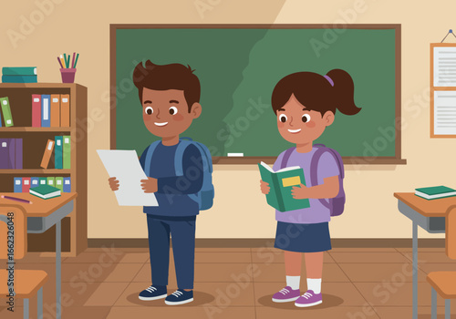 Two children reading books in classroom with chalkboard and bookshelves vector illustration 