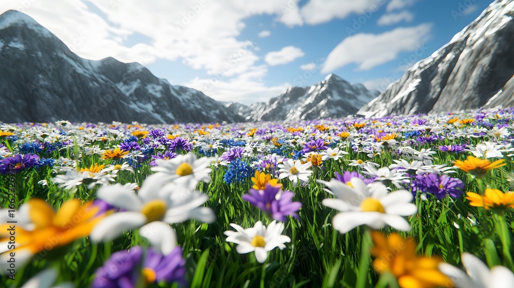 Fototapeta premium Vibrant Wildflower Meadow Against Majestic Mountain Peaks