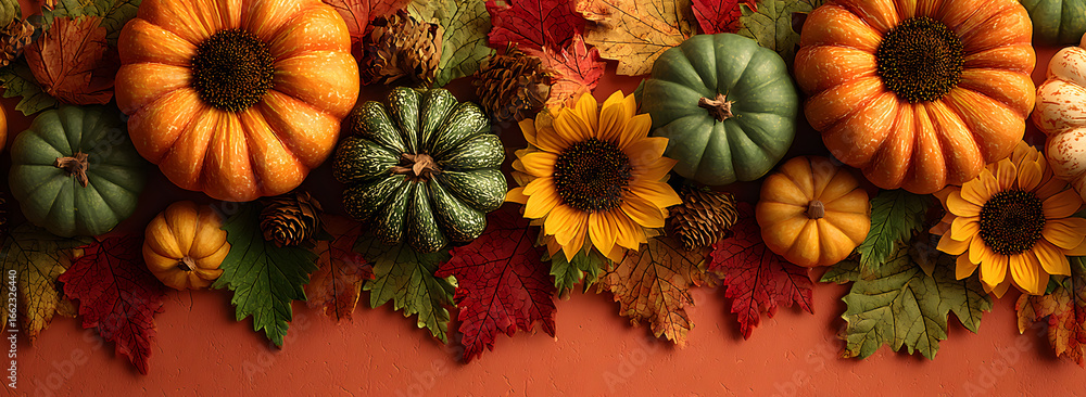 Fototapeta premium Autumn festive background. Joyful banner with warm seasonal colors, composition of pumpkins, fall leaves and sunflowers. Thanksgiving season banner.