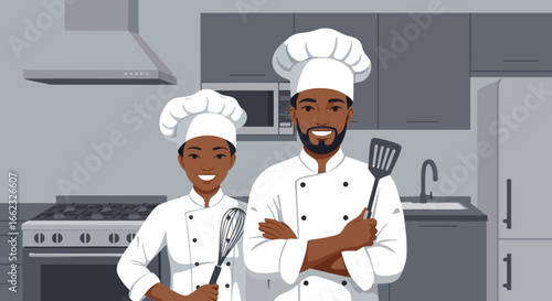 Two professional chefs cooking kitchen scene with utensils vector illustration 