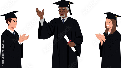 Graduation Ceremony with Professor and Students Wearing Caps and Gowns Applauding 