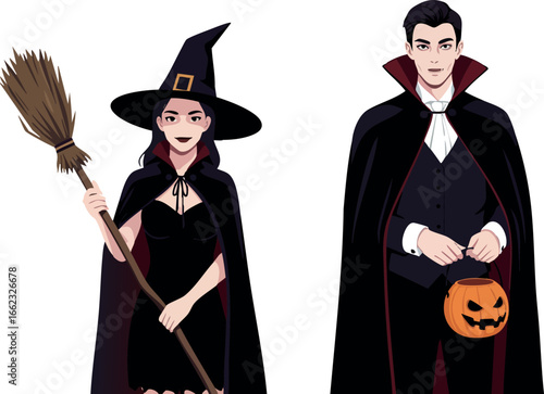 Witch and vampire couple in Halloween costumes holding broom and pumpkin bucket vector illustration 
