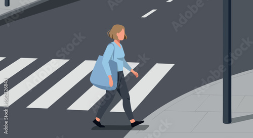 Woman crossing street at pedestrian zebra crossing urban city road vector illustration 