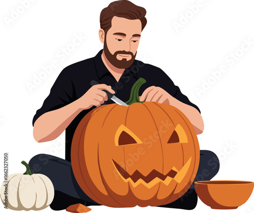 Man carving large orange pumpkin for Halloween decoration with small white pumpkin nearby vector illustration 