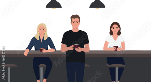 Group of young adults drinking coffee at cafe counter with pendant lights vector illustration 