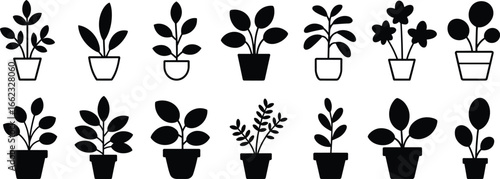 potted plant silhouette, indoor plant icon, botanical vector design, houseplant graphic set, decorative plant shape, black and white foliage, container plant illustration, floral decor element