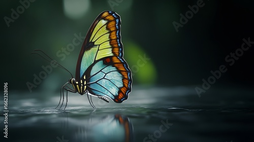 Vibrant Blue Morpho Butterfly on Dark Surface, Closeup