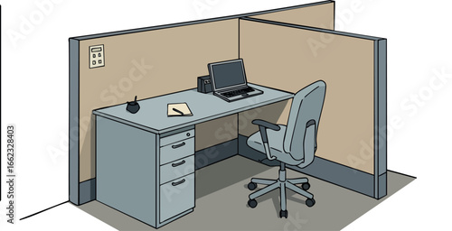 Office cubicle workspace with desk chair laptop and stationery setup in modern design 