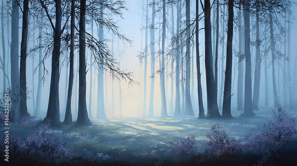 Fototapeta premium Shadows dancing on misty forest floor