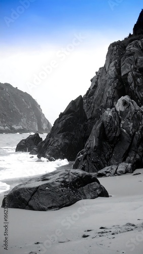 Coastal rocks and waves, monochrome beach scene