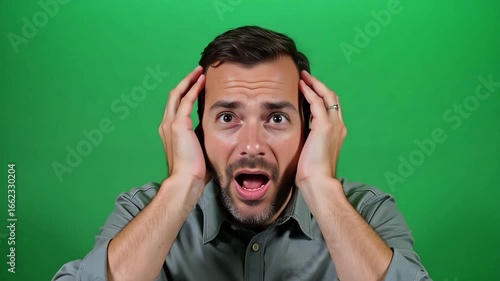 Man reacting with shock and disbelief, hands on temples, wide eyes, open mouth against a green screen background, perfect for compositing.