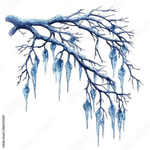 Icicles Hanging Branches, watercolor vector, isolated on a white background.