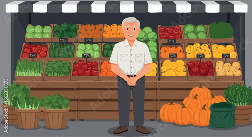 Elderly man standing in front of vegetable market stall with pumpkins and fresh produce vector illustration 