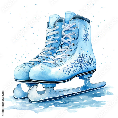 Ice Skates On Frozen Pond, watercolor clipart vector, isolated on a white background.
