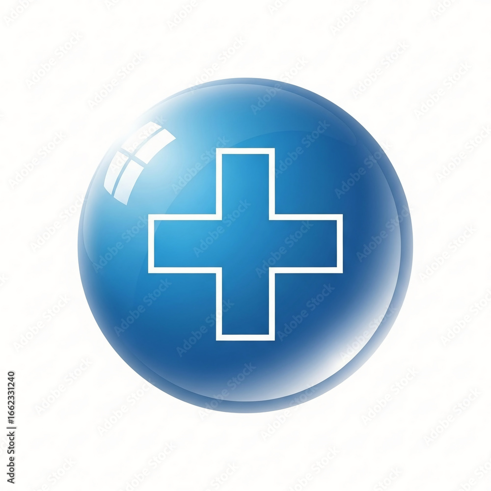 Obraz premium A captivating glossy blue sphere, perfectly round and reflective, featuring a bold white plus sign at its center, representing concepts of addition, growth, and positive engagement.